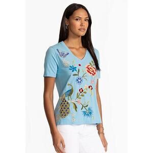 Johnny Was Blue Embroidered Short Sleeve Tee